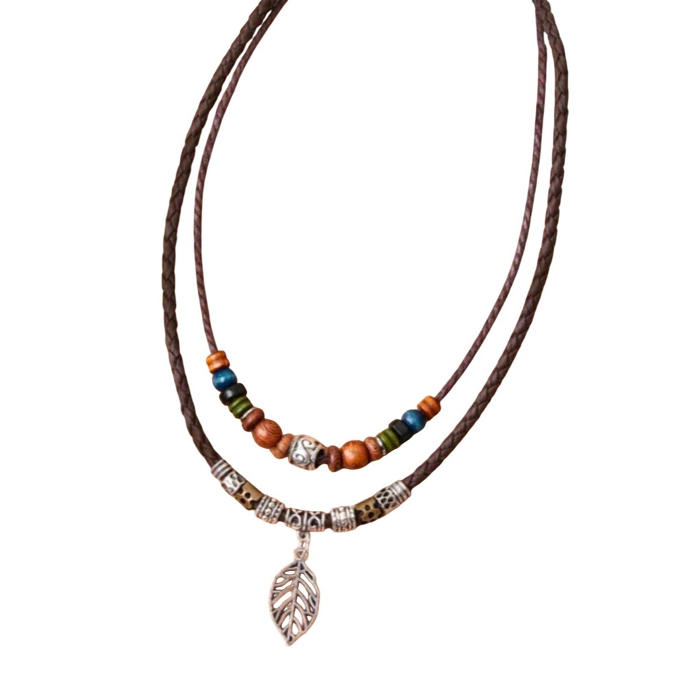 Boho Layered Braided Cord Necklace‎ Wood Beads Silver Leaf Pendant Brown 76cm
